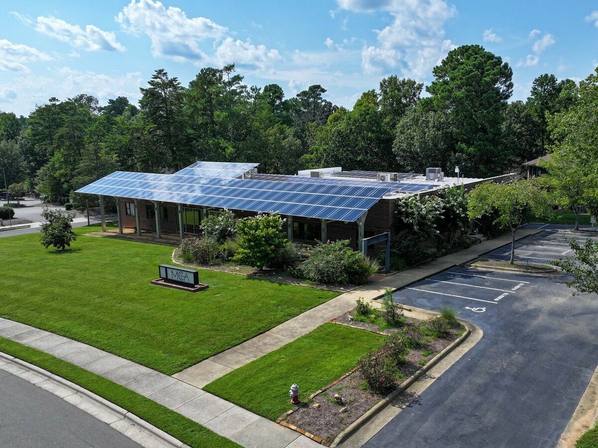 Exterior aerial view with solar array