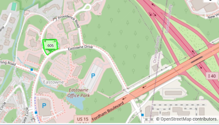 Map showing the approximate parcel outline of 605 Eastowne Drive at the corner of Eastowne Drive and Providence Road, near I-40